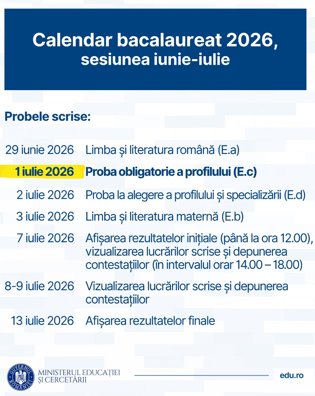 Proba scrisă la disciplina obligatorie a profilului (matematică/istorie) – proba E.c) din cadrul examenului național de Bacalaureat, programată în ziua de marți, 30 iunie, va avea loc miercuri, 1 iulie